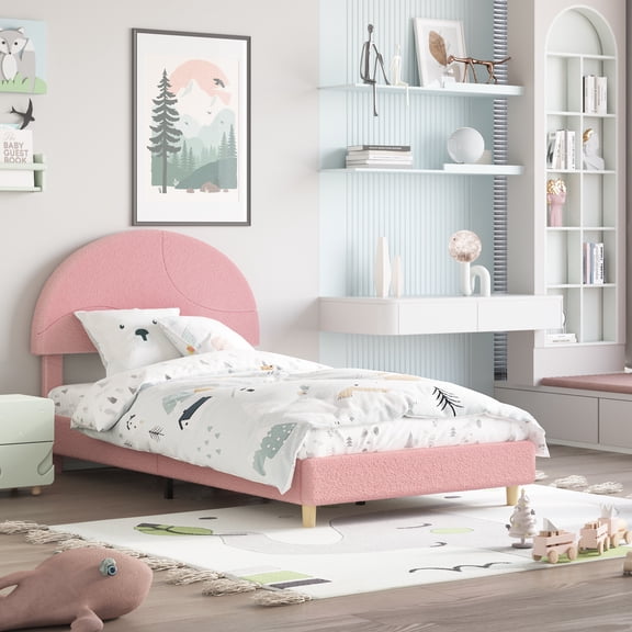 Huloretions Bed Frame with Headboard,Round Boucle Upholstered Bed Frame Platform,Wood Slats Support Platform Bed Frame with Storage Space,Easy Assembly,Noise Free,No Box Spring Needed