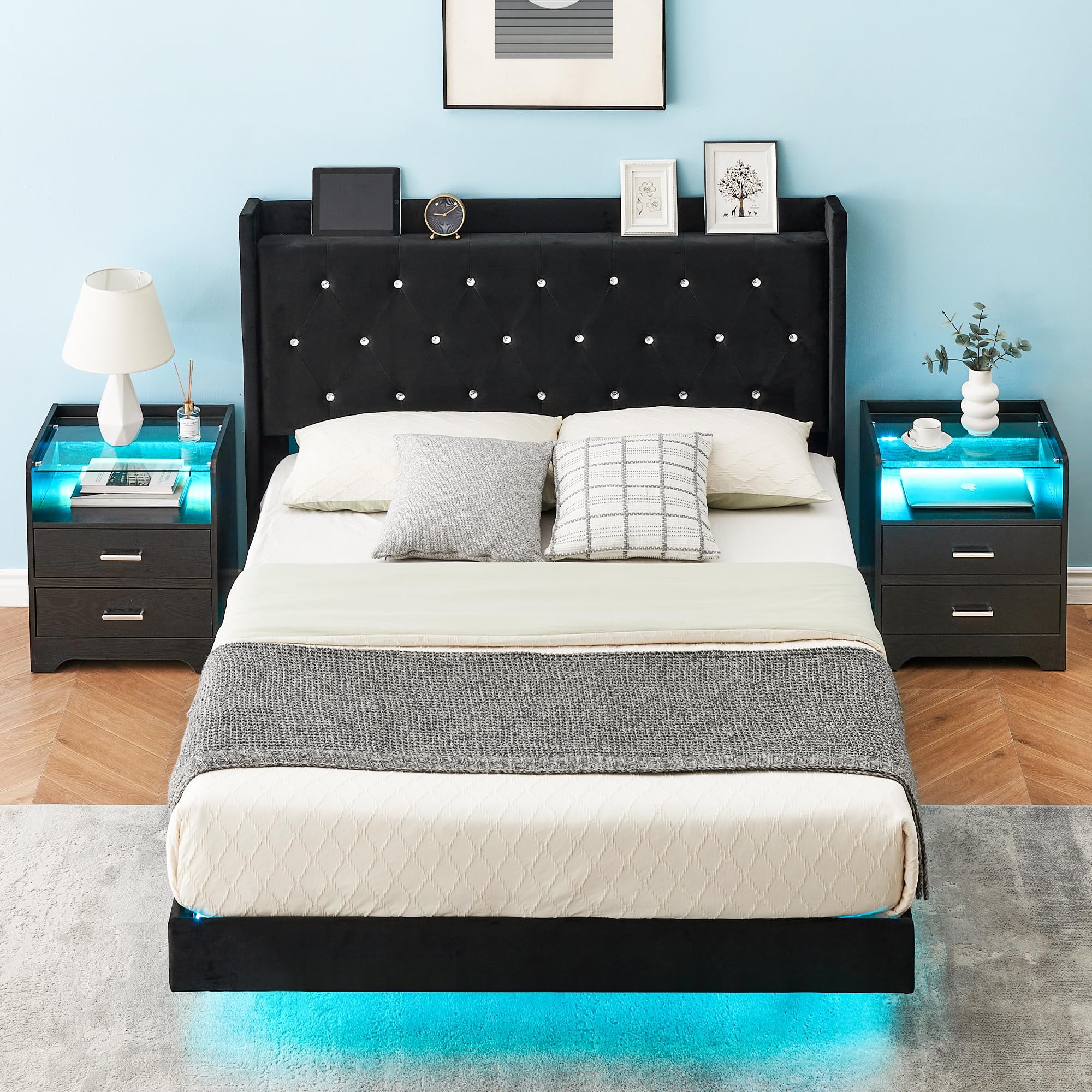 Huloretions Bed Frame with LED Lights And Storage Headboard