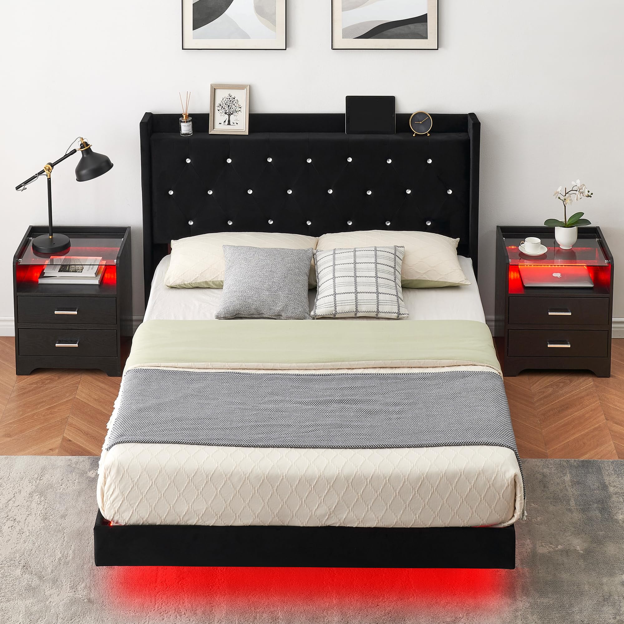 Huloretions Bed Frame with LED Lights And Storage Headboard