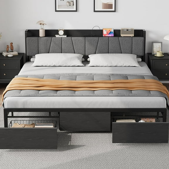 Huloretions Bed Frame with Storage Drawers,Upholstered Headboard Bed Frame with Charging Station,No Box Spring Needed,Noise-Free,Full/Queen/King