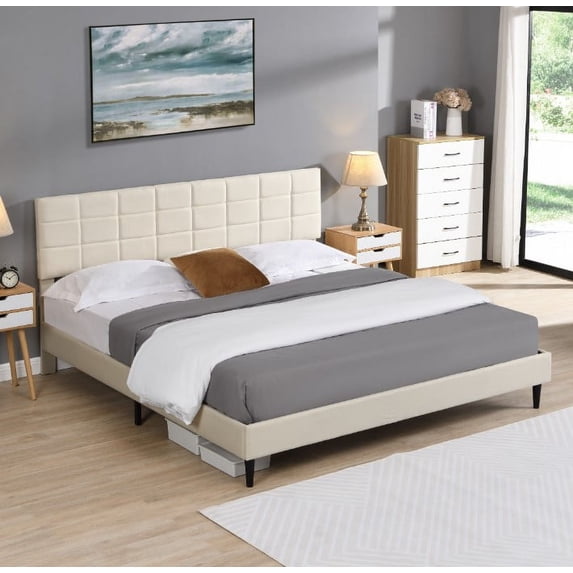 Huloretions Bedroom Platform Bed Frame With Upholstered Headboard,Modern Upholstered Bed with Wooden Slats Support