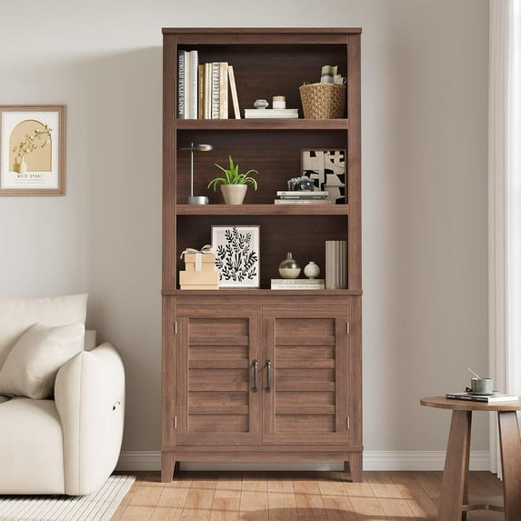 Huloretions Bookcase with Door 5 Tier Storage Bookshelf Wooden Farmhouse Bookshelves Rustic Vintage Etagere Walnut Cabinet for Home Office,Living Room,Bed Room,Brown