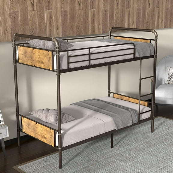 Huloretions Bunk Bed Twin Size Bed with Guardrail and Ladder,Twin Size Convertible Metal Bunk Beds,Storage Space,Heavy Duty Floor Bed Bottom Bunk No Box Spring Needed,Noise Free,Easy Assembly