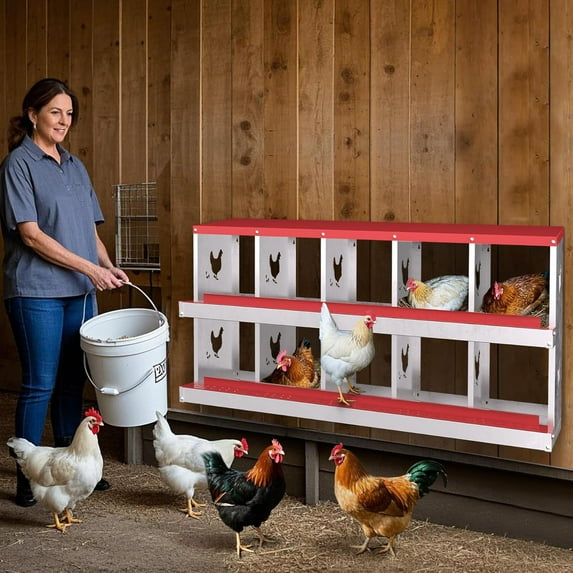 Huloretions Chicken Nesting Box, Nesting Boxes for Chickens, 6 Compartment Chicken Nesting Box, Metal Chicken Laying Boxes with Perch, Secure Lid, Versatile Wall Mount or Free Standing Easy Egg Collec