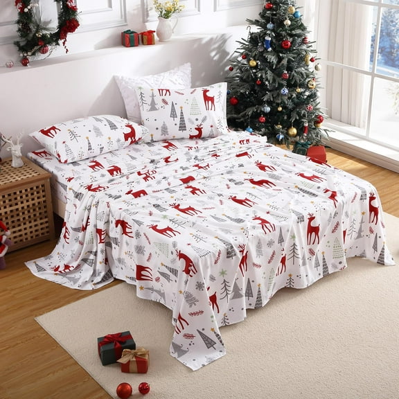Huloretions Christmas Sheets Queen, 100% Cotton Flannel Holiday Bed Sheet Set, Deep Pocket Fitted Sheet, Soft Warm Brushed Christmas Sheet (Queen Size, Christmas Forest Deer)