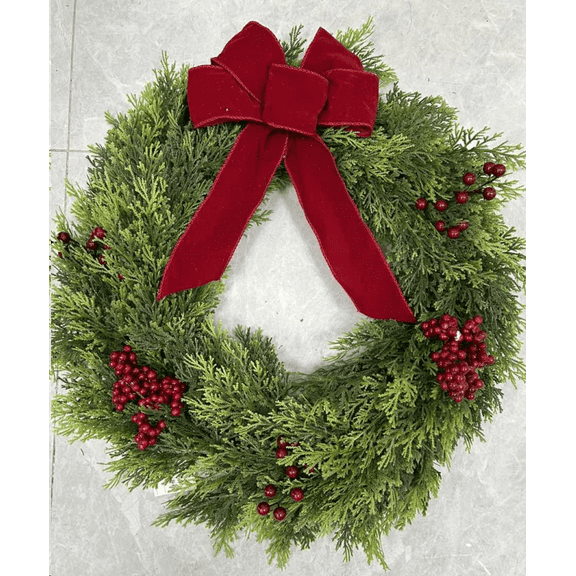 Huloretions Christmas Wreaths,24 Inch Large Outdoor Christmas Wreath With Berries Velvet Bow,Winter Artificial Cypress Wreath Xmas Wreath For Indoor Window Wall Fireplace Holiday Decor