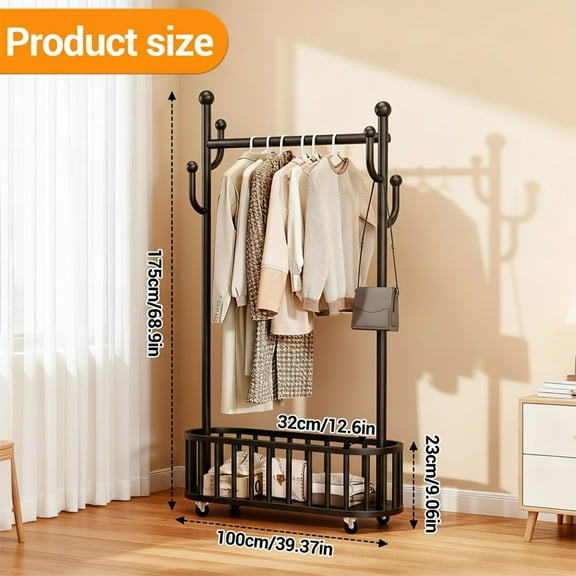 Huloretions Clothes Racks for Hanging Clothes,Portable Rolling Garment Rack,Sturdy Metal Freestanding Cloths Racks with Basket & Wheels,Wardrobe Rack for Bedroom Laundry Living Room