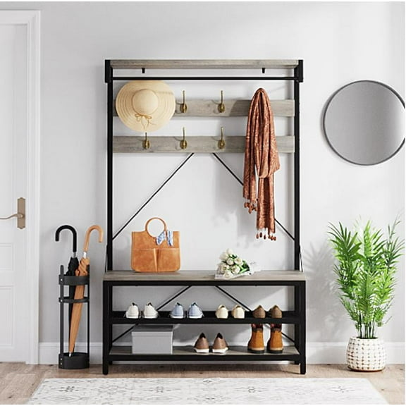 Huloretions Coat Rack Shoe Bench Hall Tree Entryway Bench with 3 Storage Shelves Entryway Bench Storage Organizer with 8 Hooks Multifunctional Hallway Organizer 39.76 x 14.57 x 71.26 inches