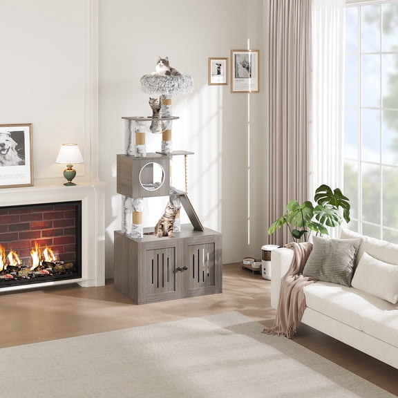 Huloretions Corner Cat Tree,67in Modern Cat Tower for Indoor Cats with Hidden Litter Box Enclosure,Scratching Posts,Jumping Platform for Large Cats,Cat Condo & Hidden Bathroom