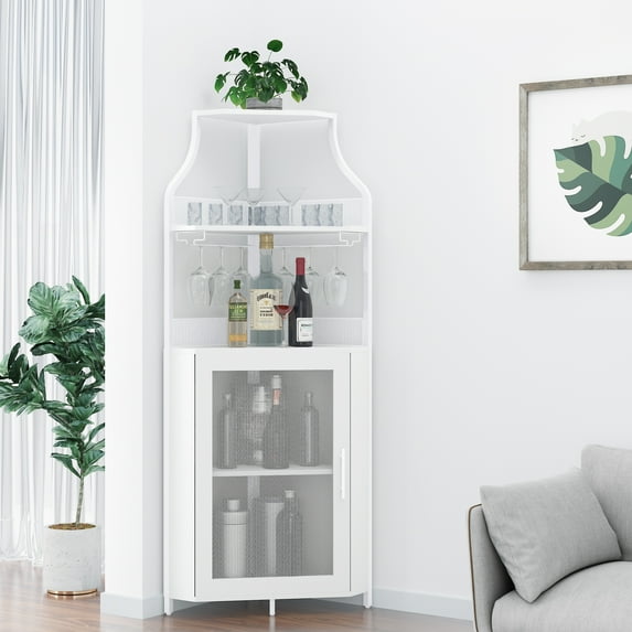 Huloretions Corner Wine Cabinet Corner Bar With Detachable Wine Rack And Glass Holder,Farmhouse Style Furniture Bar With Mesh Door For Apartment,Bar,Kitchen,Dining Room