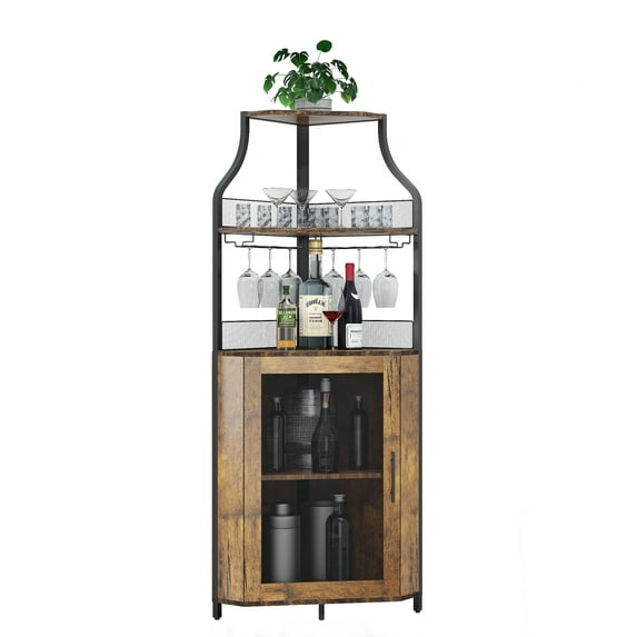 Huloretions Corner Wine Cabinet Corner Bar With Detachable Wine Rack And Glass Holder,Farmhouse Style Furniture Bar With Mesh Door For Apartment,Bar,Kitchen,Dining Room
