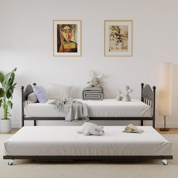 Huloretions Daybed With Trundle,Metal Twin Bed Frame With Pop Up Trundle Bed,Sofa Bed Trolley Set,Day Bed Sofa Bed Frame with Headboard,For Living Room Bedroom Guest Room