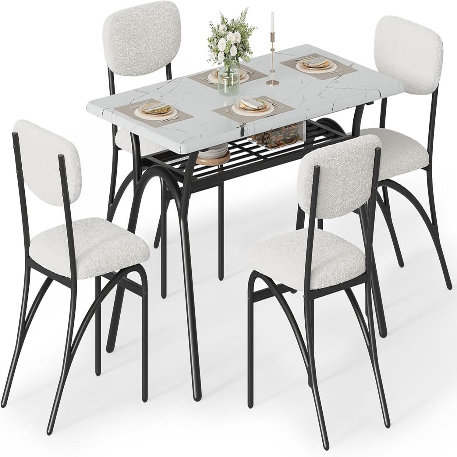 Modern Gray and Marble Dining Table Set with Boucle Chairs