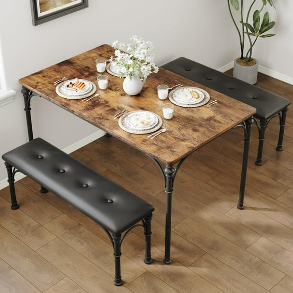 Huloretions Dining Table Set For 4,Kitchen Table With Upholstered Bench,Rectangular Dining Room Table Set Industrial 3-Piece Dining Table Set For Small Spaces Apartment