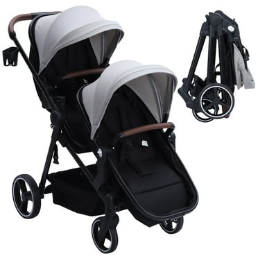 Huloretions Double Track Tandem Stroller, Foldable Bassinet Pram for Infant and Toddler, Multi-Position Reversible Pushchair with Large Storage Basket, Adjustable Backrest & Canopy