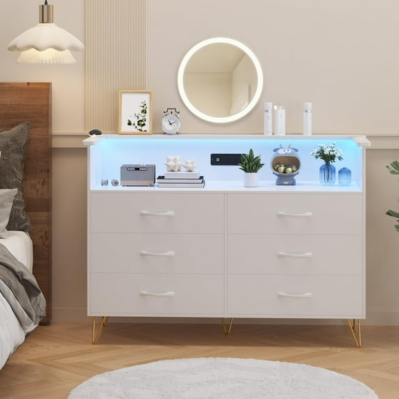 Huloretions Dresser for Bedroom Wooden Dressers with 6 Drawers Dresser with LED Light Charging Station Chest Of Drawers with Open Space For Living Room Entryway Hallway