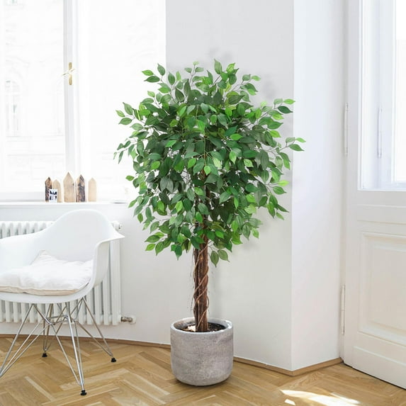 Huloretions Faux Ficus Tree 4 feet with Lifelike 1,008 Leaves and Natural Wooden Trunks, Ficus Tree Artificial Tall Artificial Ficus Tree with Pot, Indoor Decor