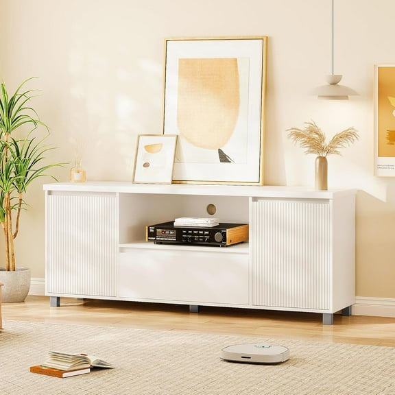 Huloretions Fluted TV Stand for 65 Inch TV, Entertainment Center with Storage Drawer and Open Shelf, Modern TV Media Console Cabinet Furniture for Living Room, Bedroom, White