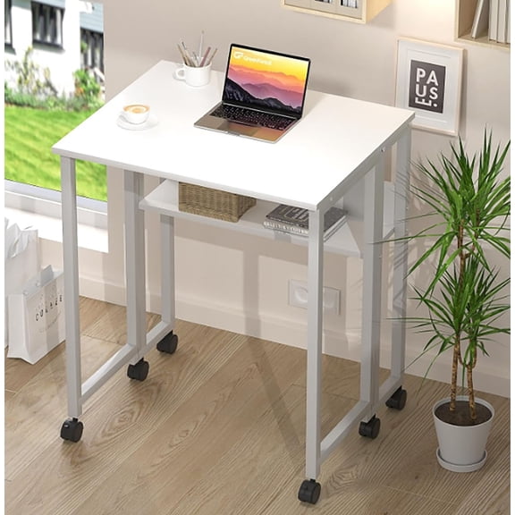 Huloretions Folding Desk,Small Rolling Desk with Storage Shelf,24.8 inch Foldable Computer Desk with Wheels for Small Space,Portable Workstation with Brakes,Easy Assembly