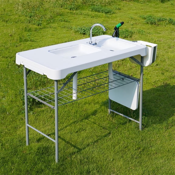 Huloretions Folding Fish Cleaning Table with 2 Sinks,Portable Outdoor Fillet Station Camping Sink Table with Faucet,Drainage Hose & Sprayer,Storage Box for Picnic Fishing