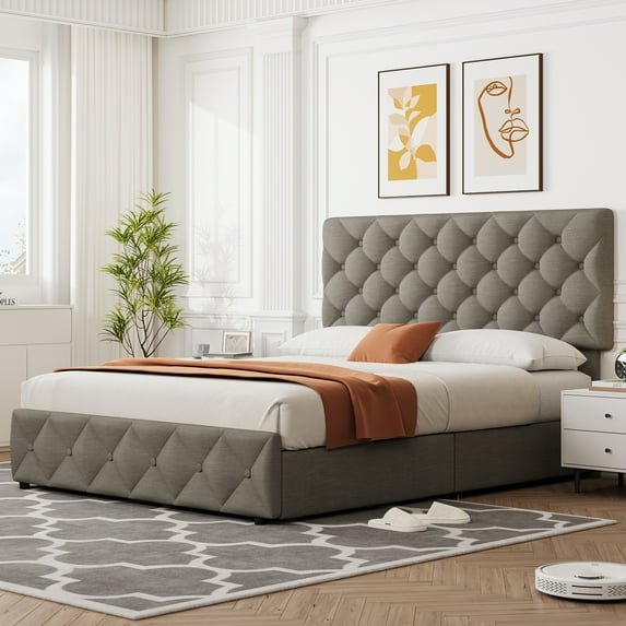 Huloretions Full/Queen/King Size Bed Frame with 4 Storage Drawers and Adjustable Headboard,Faux Leather Upholstered Platform Bed Frame with Button Tufted Design,Wooden Slats Support No Box Spring Need