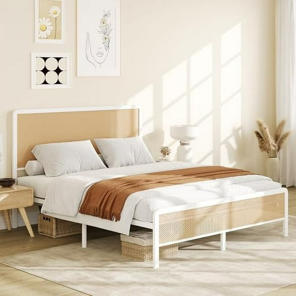 Huloretions Full/Queen Size Rattan Bed Frame with Headboard,Rattan Platform Bed Frame with LED Lights,Modern Rattan Platform Bed Heavy Duty Bed Frame with Metal Slat Support,No Box Spring Needed