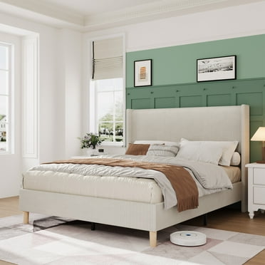 Huloretions Full/Queen Size Upholstered Platform Bed Frame With Headboard,Upholstered Corduroy Bed Frame,Full/Queen Bed Frame With Wingback Headboard,No Box Spring Needed Wooden Slats
