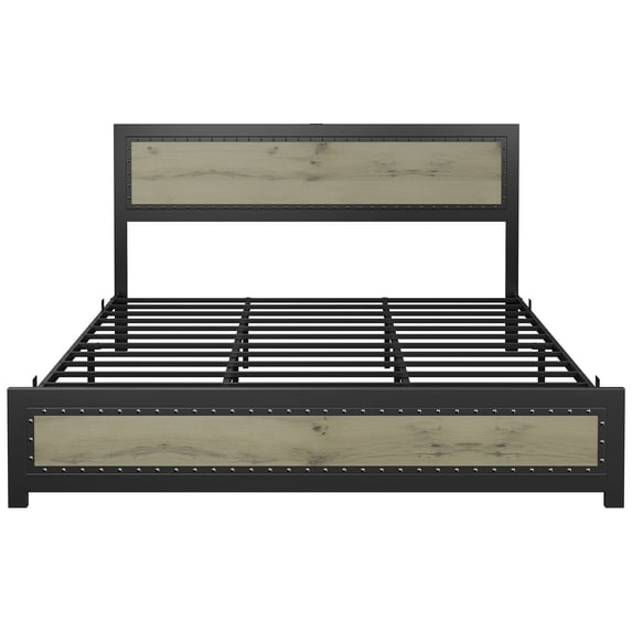 Huloretions Full Size Bed Frame With Headboard,Industrial Platform Bed Frame With Charging Station,Wooden Mattress Base,No Box Spring Required,Easy to Assemble