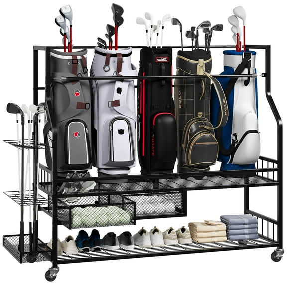 Huloretions Golf Bag Garage Storage Organizer,Golf Bag Rack Stand Holder Fit for 4 Golf Bags,Golf Clubs Golf Balls,Golf Equipment Accessories,Golf Club Storage for Garage Shed and Basement