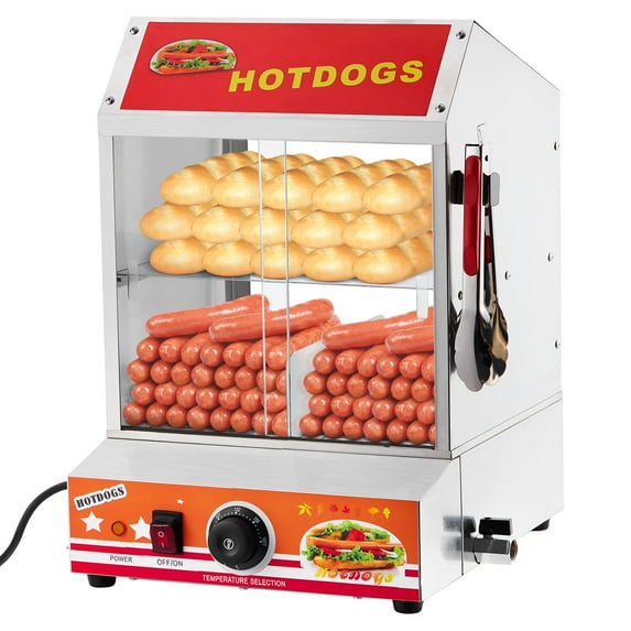 Huloretions Hot Dog Steamer Machine,27L/28.5Qt 2-Tier Electric Hot Dog Steamer with Bun Warmer,Adjustable Temperature,Hot Dog Hut Steamer with Door,Steaming 175 Hot Dogs 40 Buns
