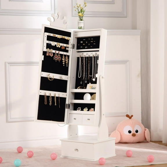 Huloretions Kids Jewelry Armoire Cabinet,Standing Jewelry Organizer With Full-Length Mirror,Child Jewelry Cabinet With Led Light,3 Storage Drawers,Kids Vanity Dress Up Mirror Jewelry Cabinet For Girls