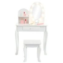 Huloretions Kids Vanity with Lights,Girls Vanity Set with Mirror and Stool,Pretend Play Kids Vanity Table and Chair Set,Wooden Princess Makeup Desk Dressing Table for 4-9