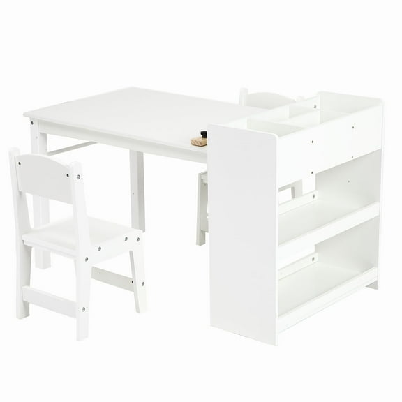 Huloretions Kids Wood Table and 2 Chairs Set, Toddler Craft Drawing Desk with Large Storage Shelves, Toddler Furniture Set for Art Crafts Drawing Reading Playroom