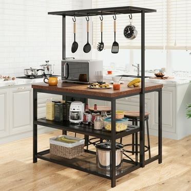 Huloretions Kitchen Island Table, Bakers Rack with Power Outlet And Storage Shelf, 3 Tier Microwave Stand Oven Shelf, Large Coffee Bar Table,Storage Shelf for Kitchen Dining Room Living Room,5 Hooks