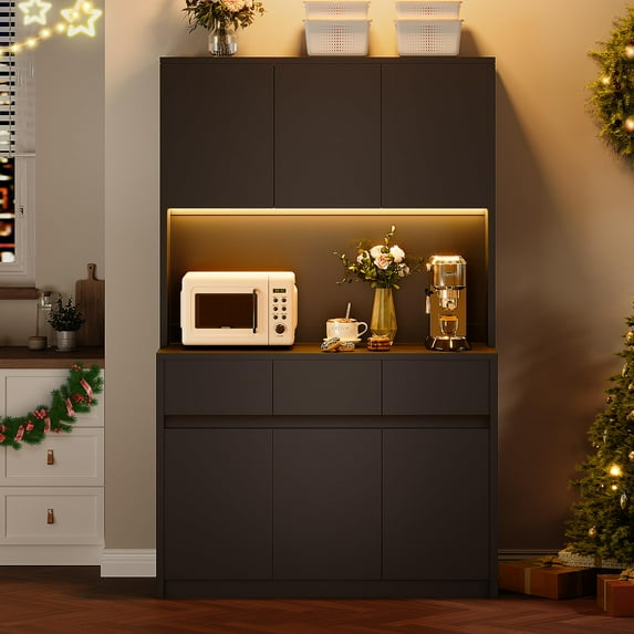 Huloretions Kitchen Pantry Cabinet,Kitchen Hutch Storage Cabinet with Led Lights and Power Outlets,Buffet Cabinet with Microwave Stand Adjustable Shelves for Kitchen Dining Room