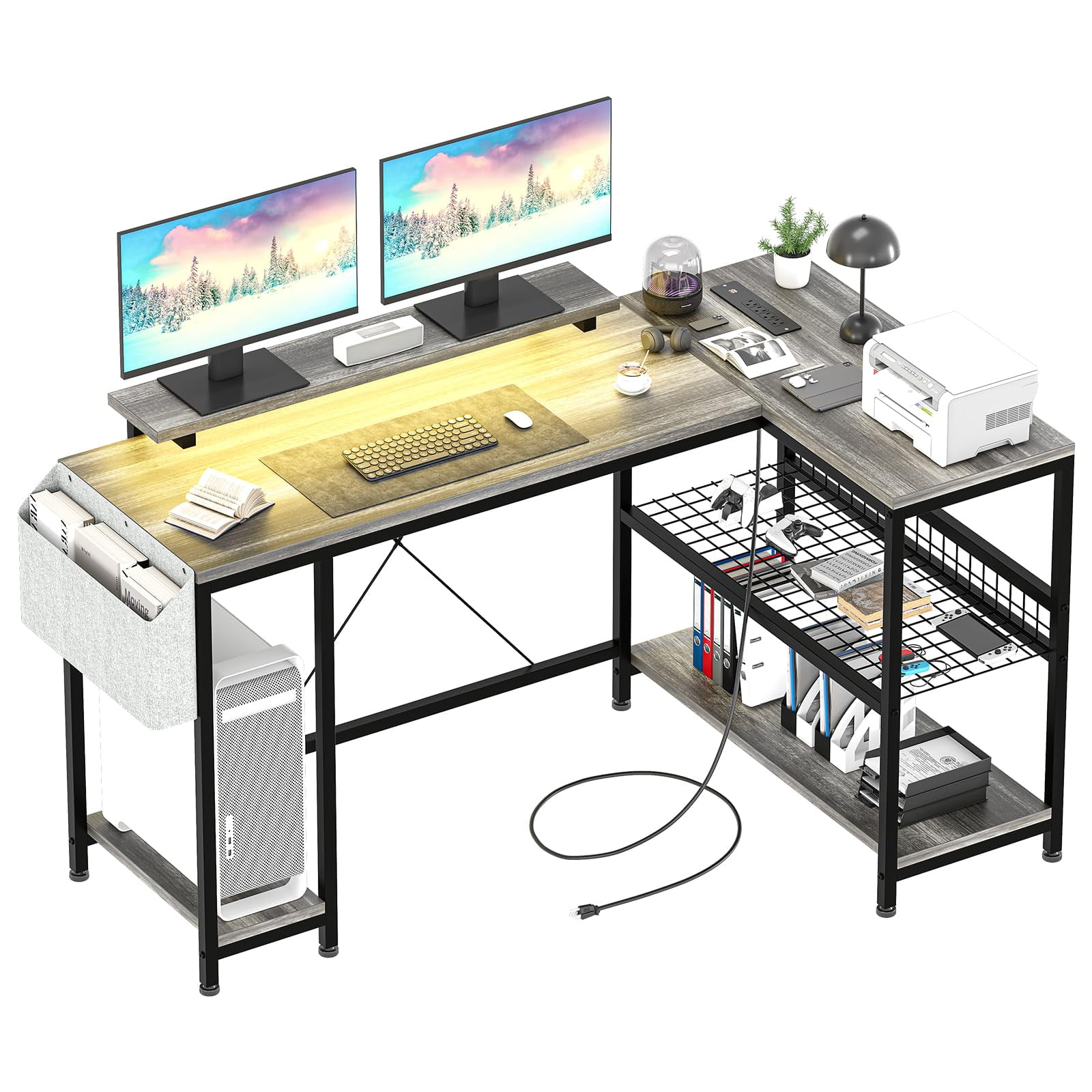 Huloretions L Shaped Desk With Power Outlets & LED Light,Reversible