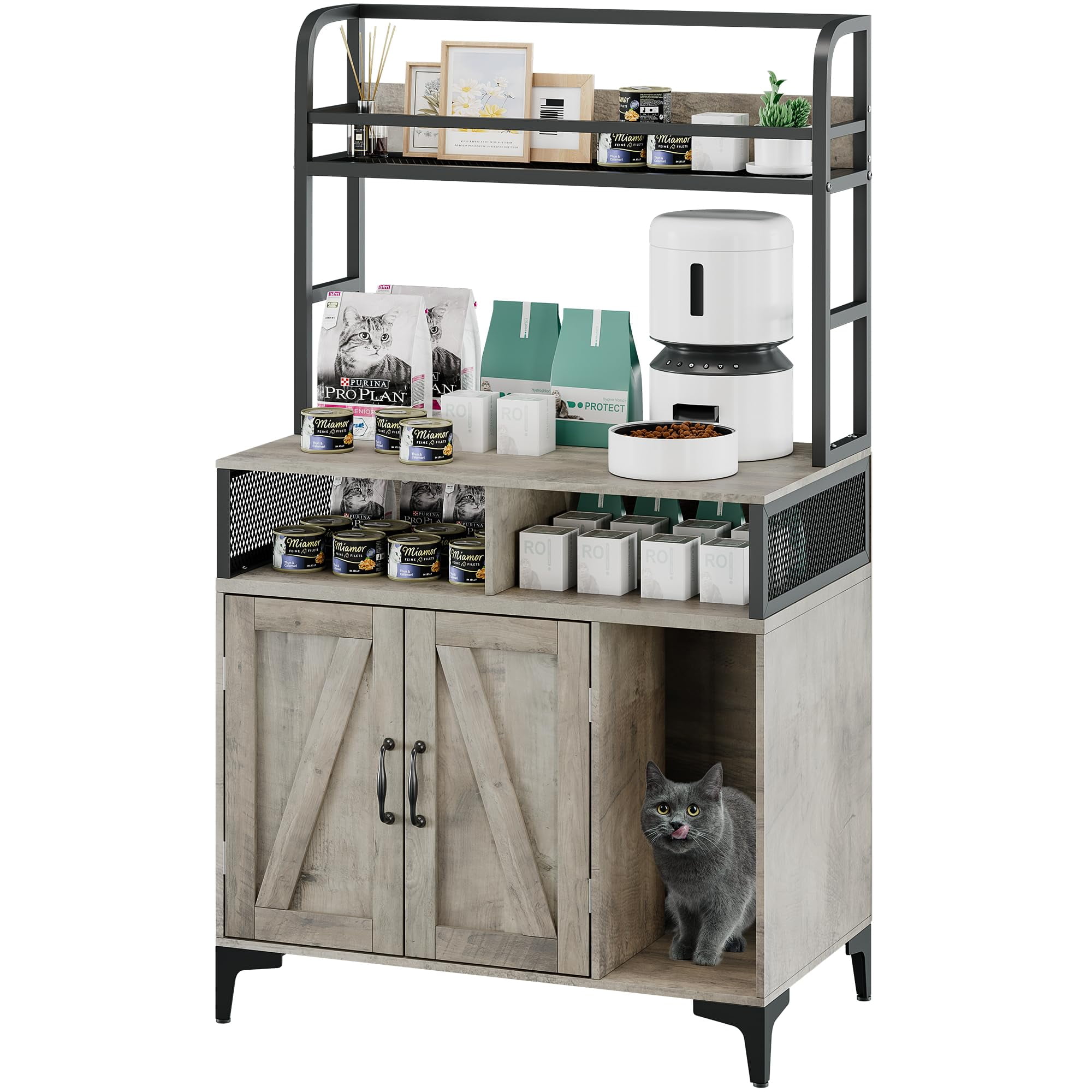 Huloretions Litter Box Enclosure with Shelves, Double Door Cat Litter