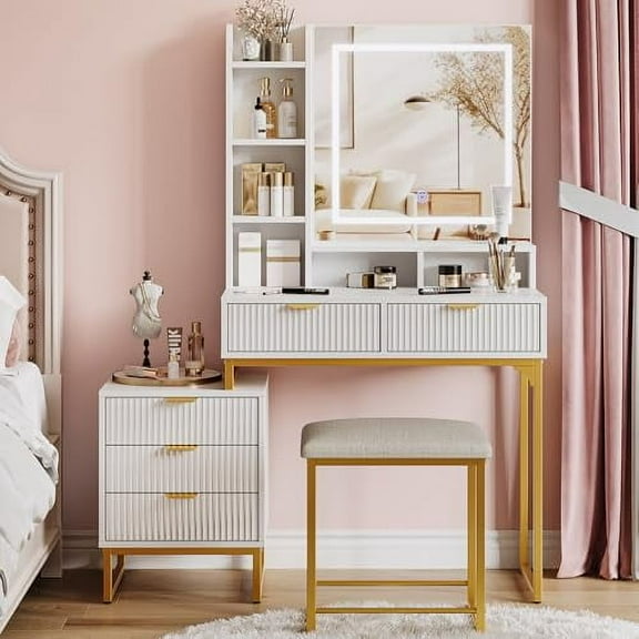 Huloretions Makeup Vanity Desk with Mirror and Lights,Dressing Table with 5 Drawers,Open Storage Shelves,Vanity Set with Stool and Removable Side Storage Cabinet,Bedroom Makeup Vanity Table