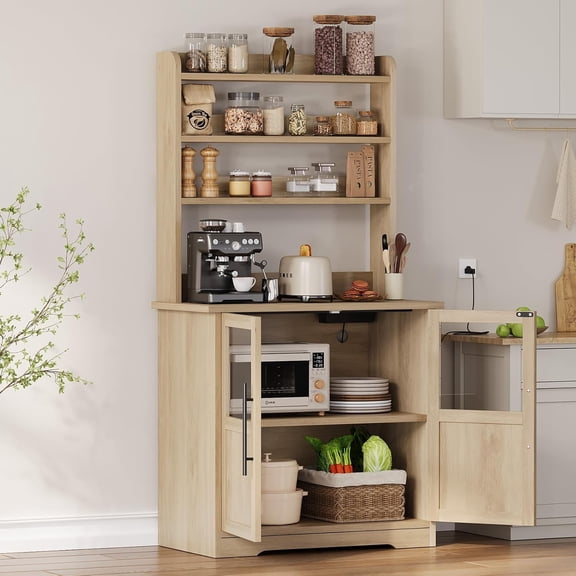 Huloretions Microwave Stand Bakers Rack with 2 Glass Doors, Farmhouse Bakers Rack with Power Outlet,Thickened Counter,Small Kitchen Bakers Rack Cabinet with Large Storage, Easy Assembly, Pear Wood