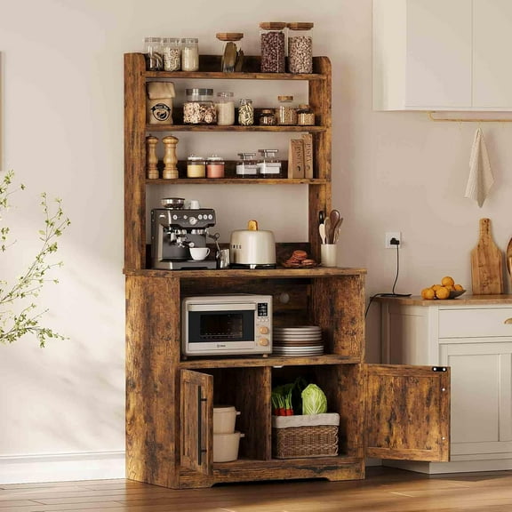 Huloretions Microwave Stand Bakers Rack Cabinet, Farmhouse Bakers Rack with Power Outlet with Thickened Counter, Freestanding Small Kitchen Bakers Rack with Large Storage, Easy Assembly