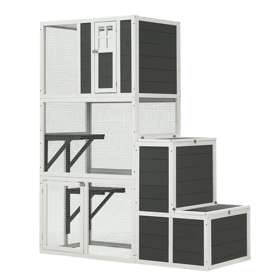 Huloretions Outdoor Catio, 3-Tier Wooden Cat House, Wooden Feral Cat Shelter with 4 Platforms and 2 Doors, Large Cat Playpen with Jump Box