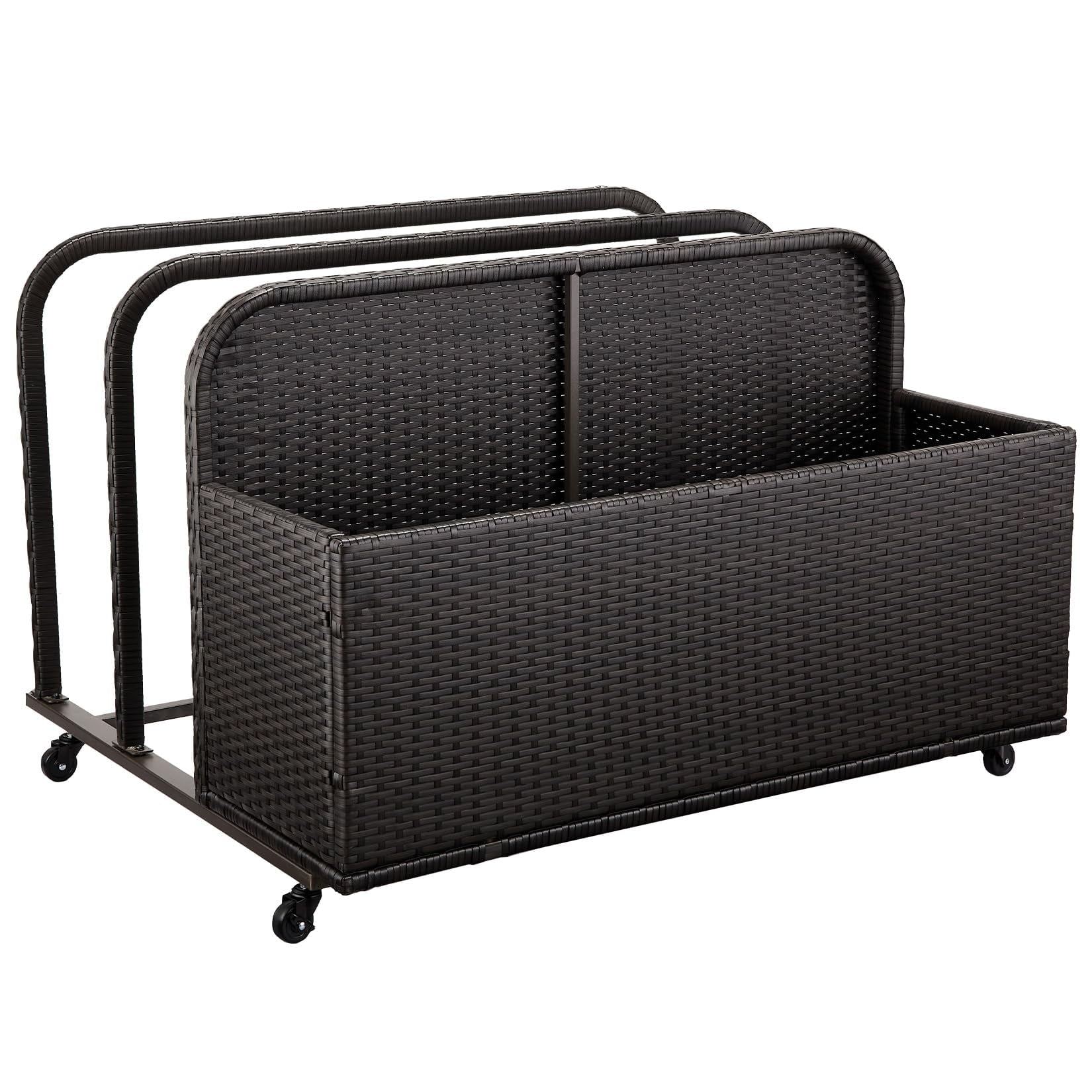 Black Wicker Outdoor Pool Float Storage Deck Box with Wheels