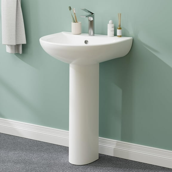 Huloretions Pedestal Sinks,Bathroom Vessel Sink,Modern U-Shape Ceramic Pedestal Sink,20" X 17" Compact White Pedestal Sink With Overflow And Single Faucet Hole