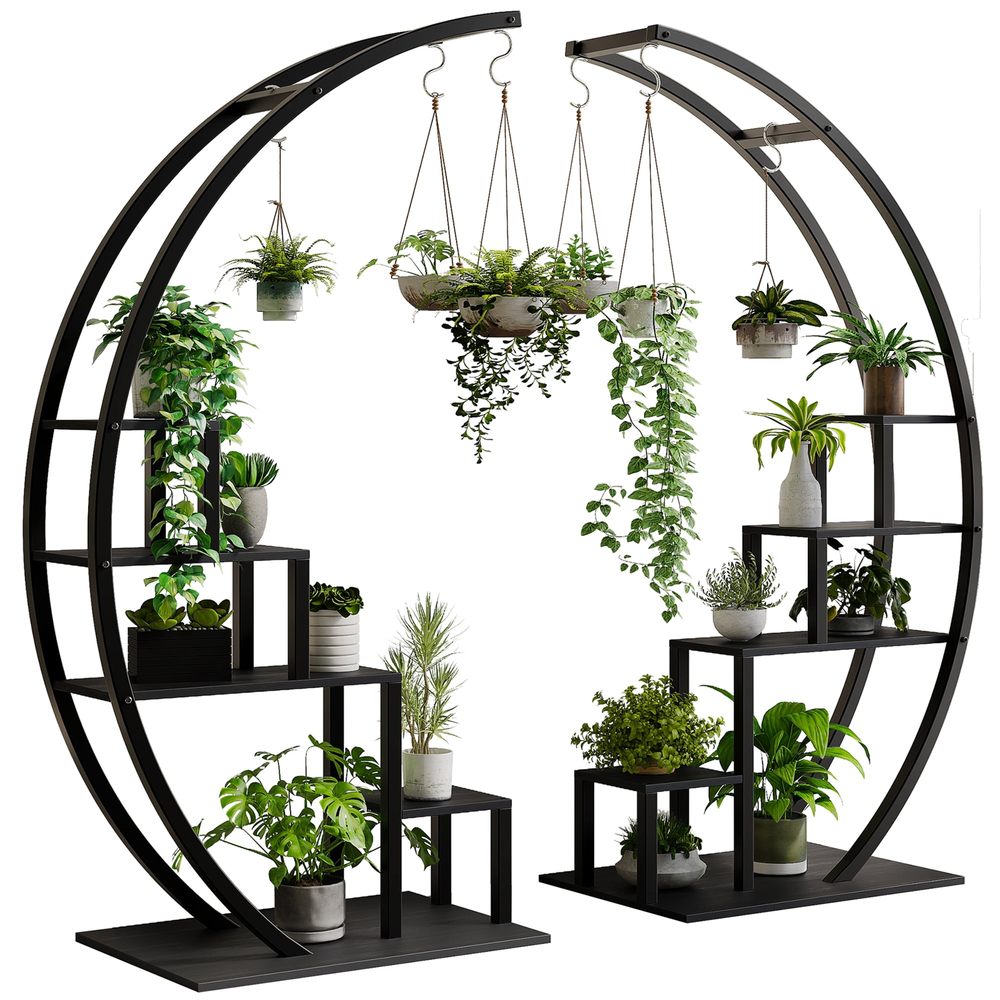 Black Metal and MDF Semi-Circular 5-Tier Plant Stand Set