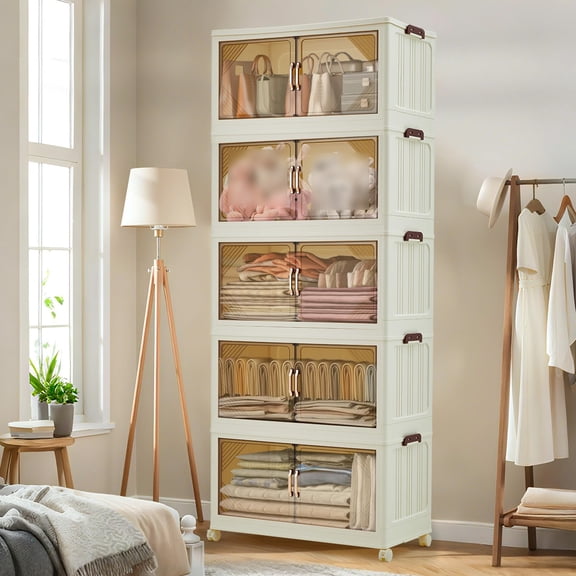 Huloretions Plastic Storage Bins and Boxes Organizer,Stackable with Lids for Bedroom,Living Room,Office,Foldable Containers with Magnetic Doors & Wheels,Foldable Collapsible Closet Organizers