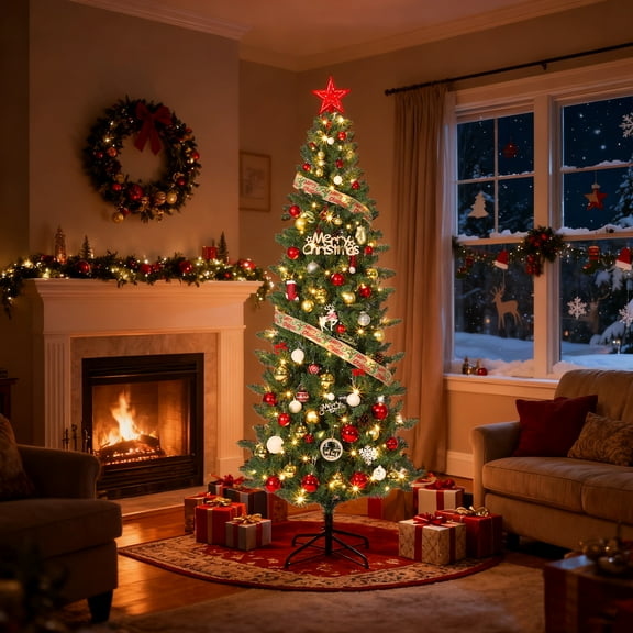 Huloretions Pre-lit Christmas Tree,Artificial Xmas Tree with Multicolored Lights,Metal Foldable Support,Holiday Decoration Fake Tree for Home,Office,Party