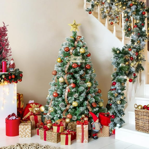 Huloretions Prelit Artificial Christmas Tree with Pine Cones,Full Hinged Branch Tips,Pre-Lit Xmas Tree for Xmas Decoration