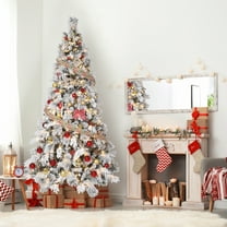 Huloretions Prelit Snow Flocked Artificial Full Christmas Tree with Warm White Lights & Foldable Stand,Christmas Pine Tree for Home,Party Decoration