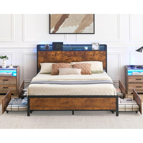 Huloretions Queen Size Bed Frame With Storage Drawers,Metal Platform Bed with Charging Station,Queen Bed Frame with Storage Headboard,Wood Slats Support No Box Spring Needed