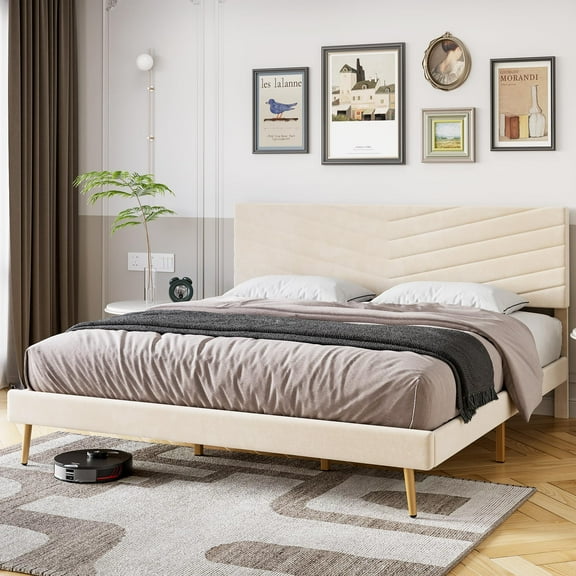 Huloretions Queen Size Bed Frame,Velvet Upholstered Platform Bed Frame,Wood Slat Support Bed Frame with Adjustable Height Headboard No Box Spring Needed Noise-Free